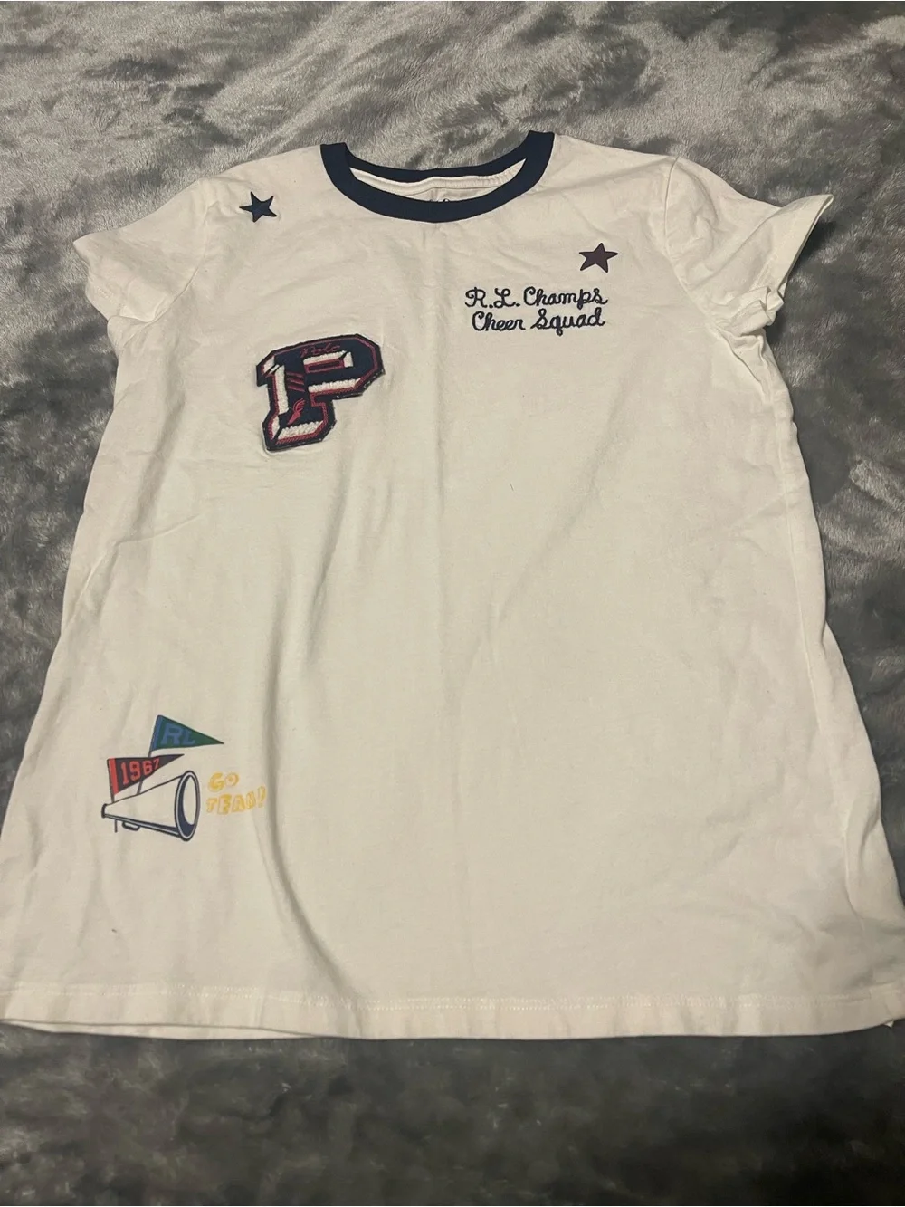 Polo by Ralph Lauren White Crewneck Tee with Navy Trim & Multicolor Patches
